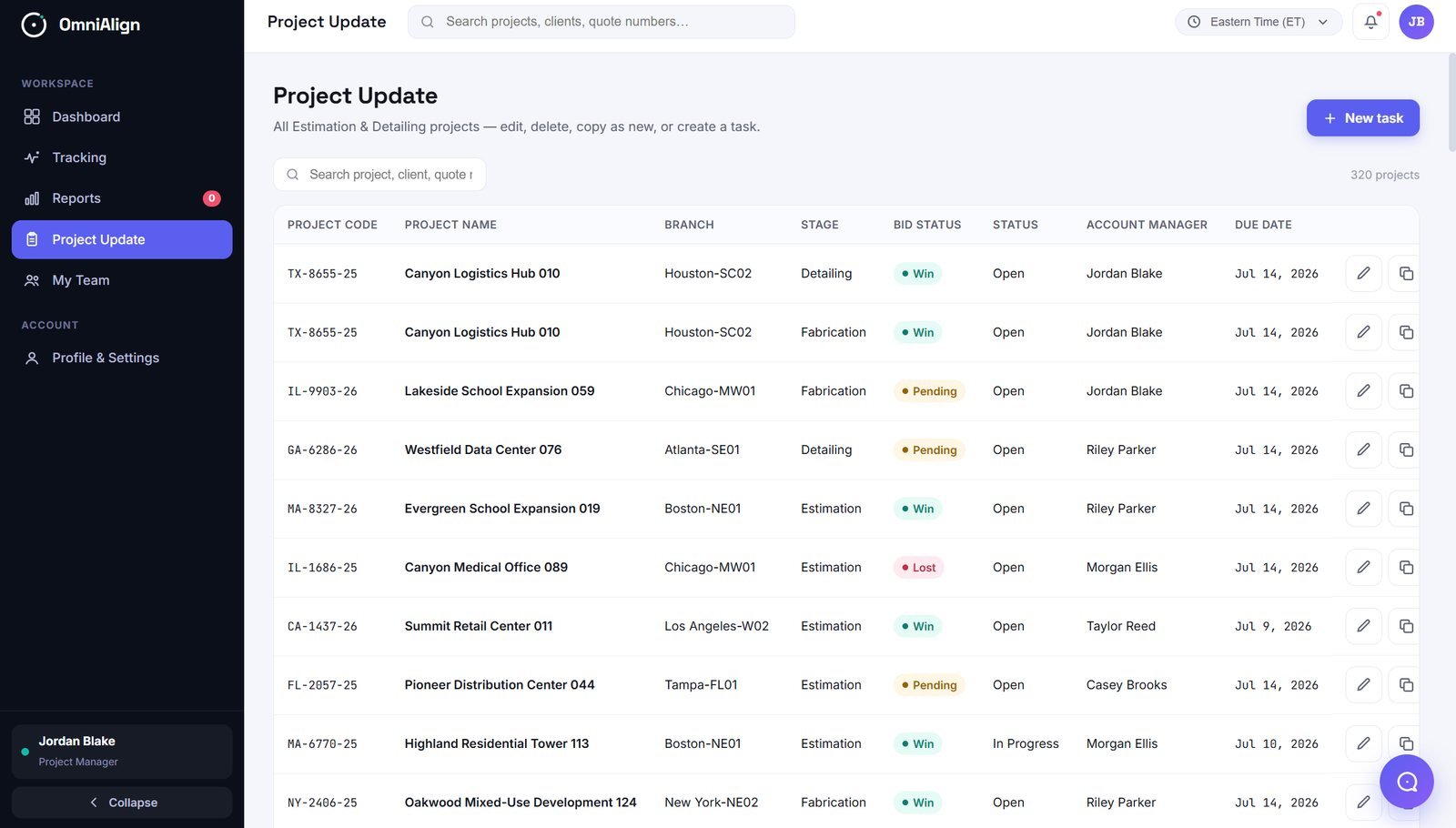 OmniAlign project update view listing projects by stage and bid status