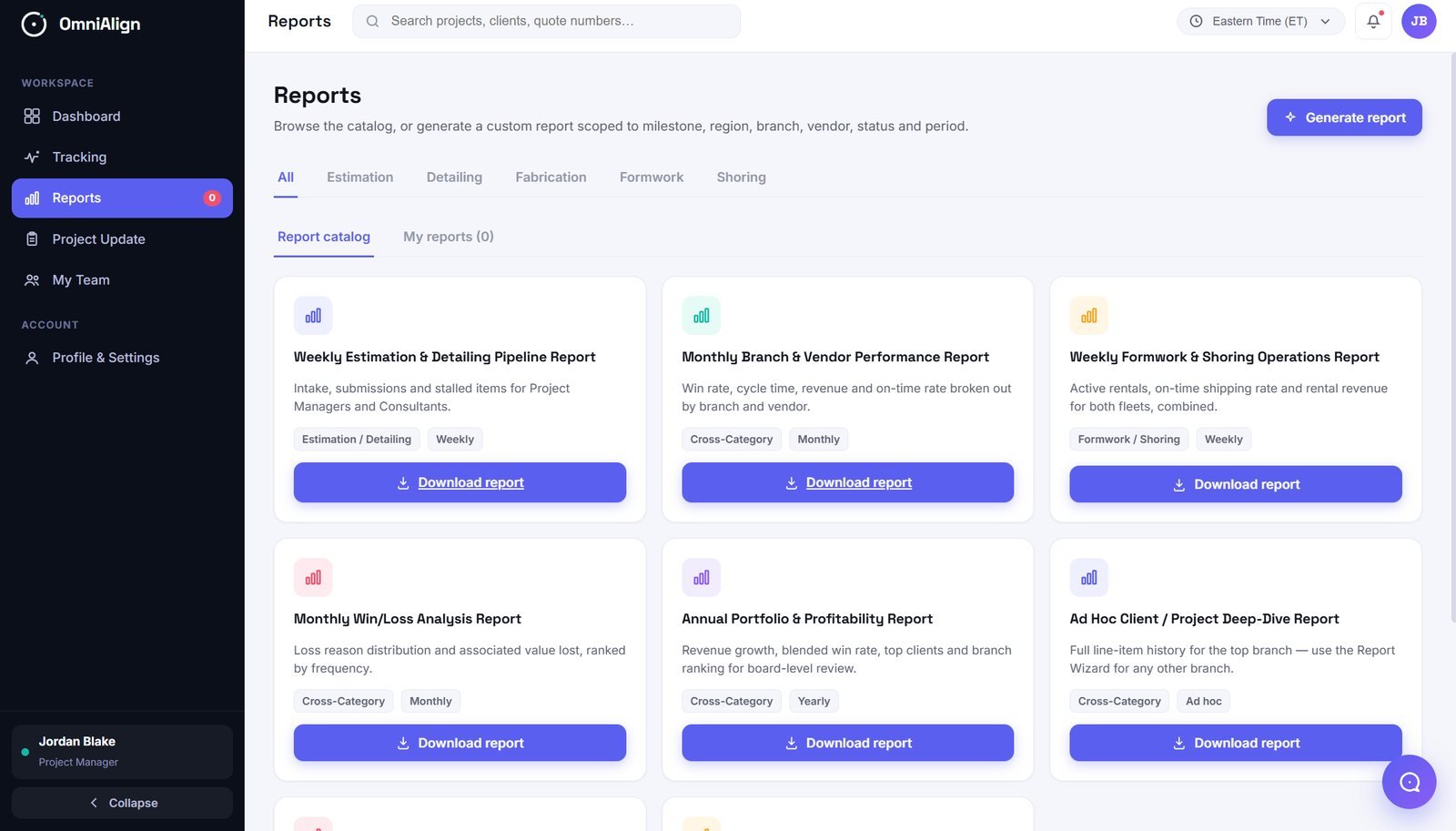 OmniAlign report catalog with weekly, monthly, and ad hoc reports available for download