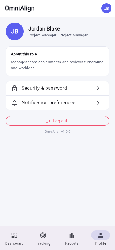 OmniAlign mobile profile screen with role, security, and notification settings