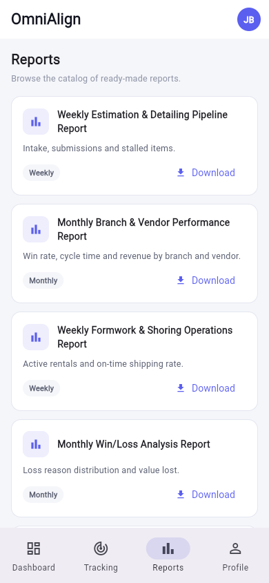 OmniAlign mobile reports screen with downloadable report catalog