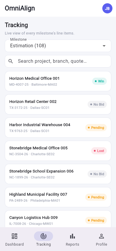 OmniAlign mobile tracking screen listing projects by status